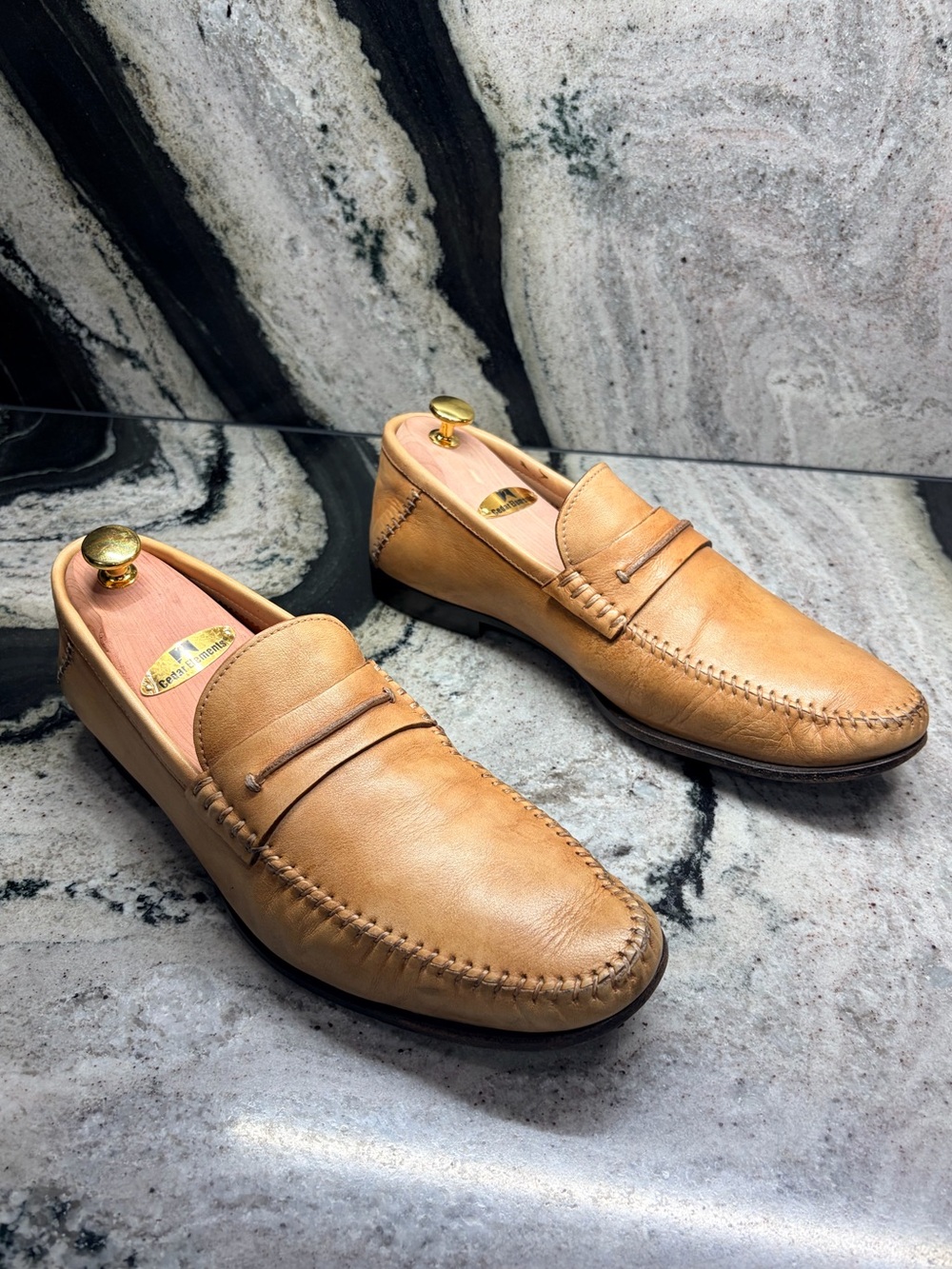 Santoni Handcrafted Italian Penny Loafers Camel Tan Calfskin Men’s US 10 UK 9D